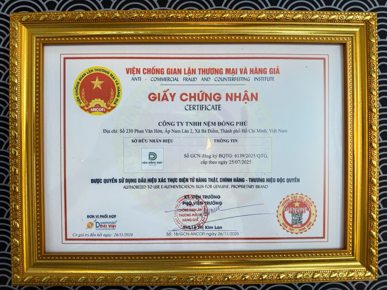 Nệm Đồng Phú được Viện Chống Gian lận Thương mại và Hàng giả (ANCOFI) cấp Giấy Chứng Nhận Xác Thực Hàng Thật - Chính Hãng - Thương Hiệu Độc Quyền